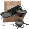 Dutch Oven Set 9 tlg. Gusseisen Grillset Kochtopf Feuertopfset in Holzkiste