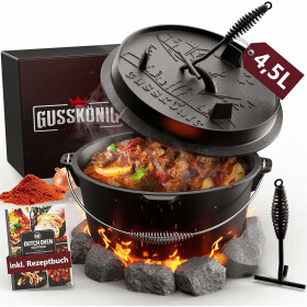 GUSSKÖNIG Dutch Oven Set 4.5 Liter Feuertopf Gusseisen mit Füßen inkl. 2in1 Deckelheber Rezeptbuch