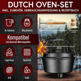 GUSSKÖNIG Dutch Oven Set 4.5 Liter Feuertopf Gusseisen mit Füßen inkl. 2in1 Deckelheber Rezeptbuch