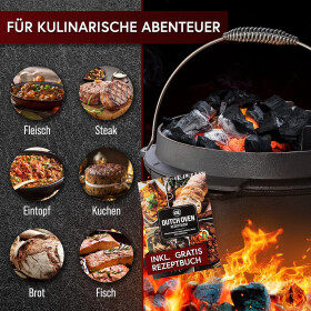 GUSSKÖNIG Dutch Oven Set 4.5 Liter Feuertopf Gusseisen mit Füßen inkl. 2in1 Deckelheber Rezeptbuch