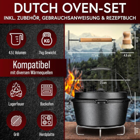 GUSSKÖNIG Dutch Oven Set 4,5 Liter Feuertopf inkl. 2in1 Deckelheber Bürste Rezeptbuch