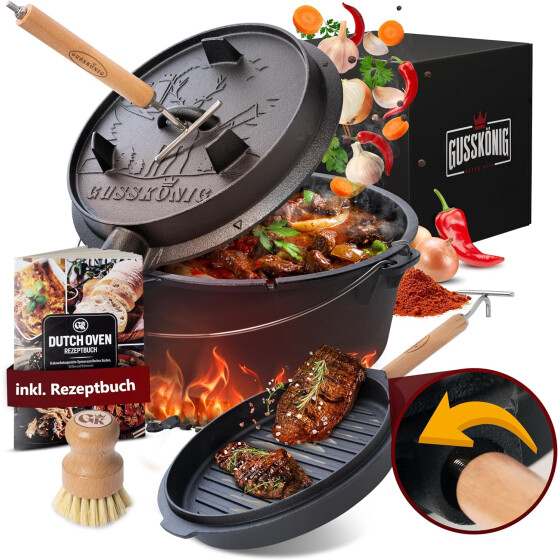 GUSSKÖNIG Dutch Oven Set 7 Liter Feuertopf Gusseisen mit Füßen inkl. 2in1 Deckelheber Bürste Rezeptbuch