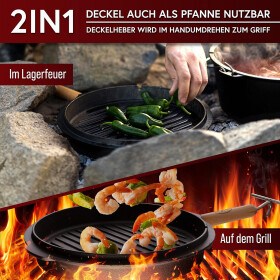 GUSSKÖNIG Dutch Oven Set 7 Liter Feuertopf Gusseisen mit Füßen inkl. 2in1 Deckelheber Bürste Rezeptbuch