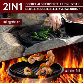 GUSSKÖNIG Dutch Oven Set 12 Liter Feuertopf Deckelheber und Edelstahl Untersetzer