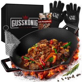 GUSSKÖNIG Wok Pfanne aus Gusseisen 36cm  mit Ringreiniger