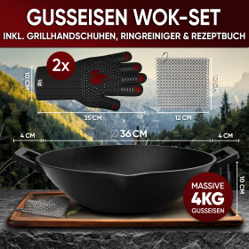 GUSSKÖNIG Wok Pfanne aus Gusseisen 36cm  mit Ringreiniger