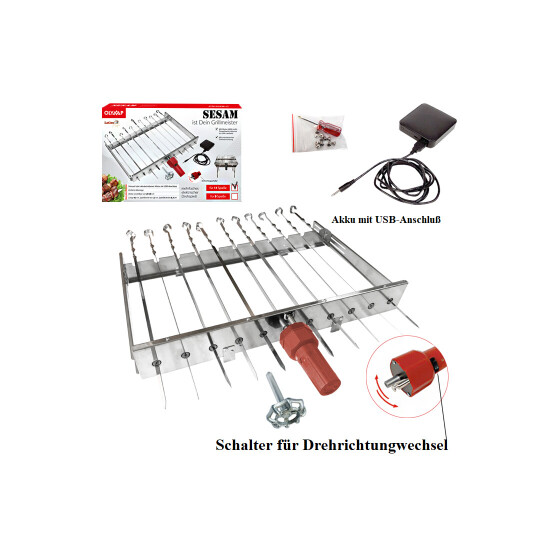 Mangal Schaschlik Grill Spießdreher Edelstahl Sesam für 9 Spieße Motor mit USB Anschluss + Powerbank